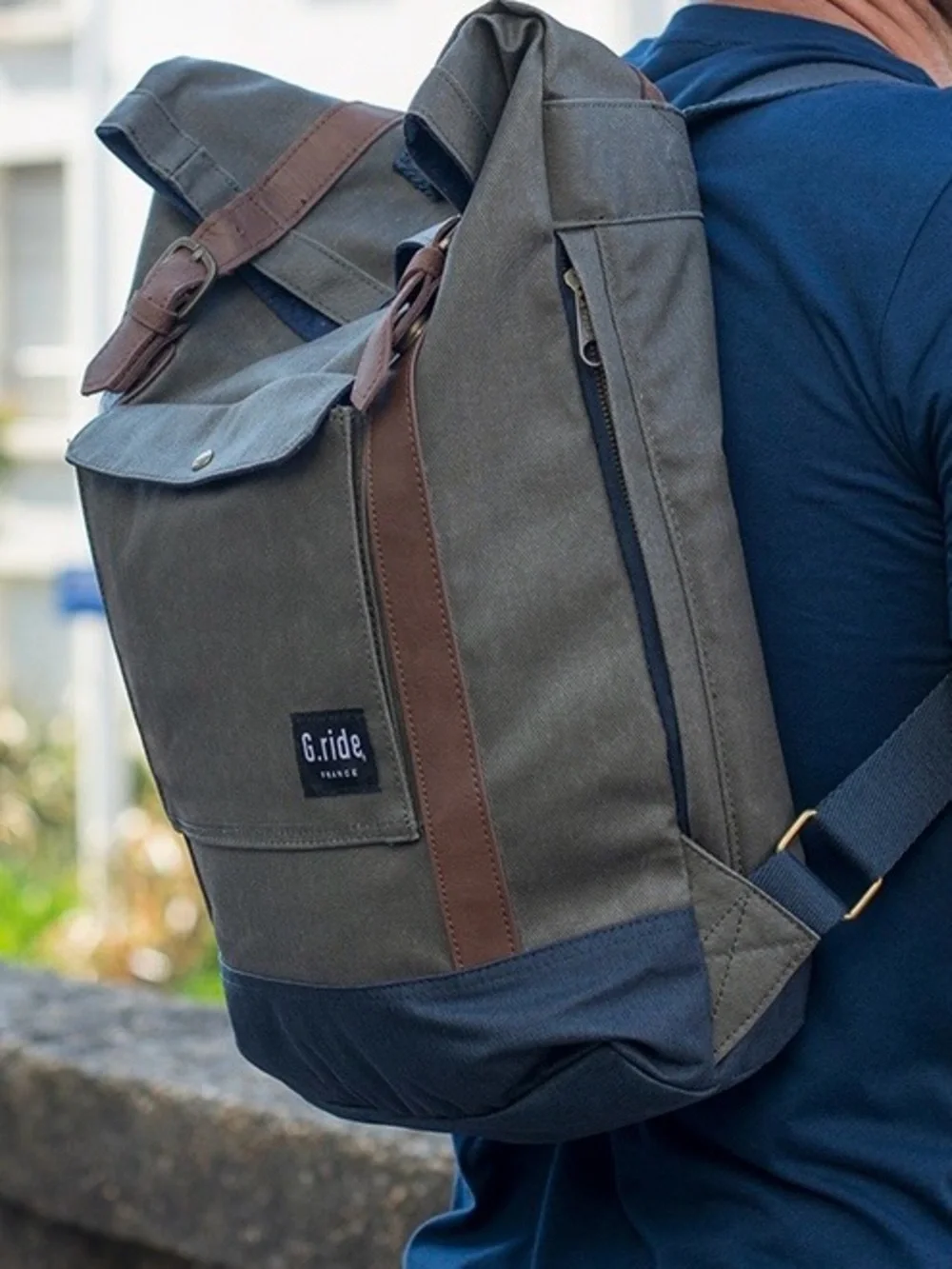 G. Ride France Roll Top Khaki Green Canvas Backpack